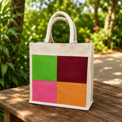 Multipurpose Jute Tote Bag with Color Block Design