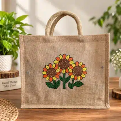 Handcrafted Jute Tote Bag: Hand Painted Sunflower Design, Rustic Style