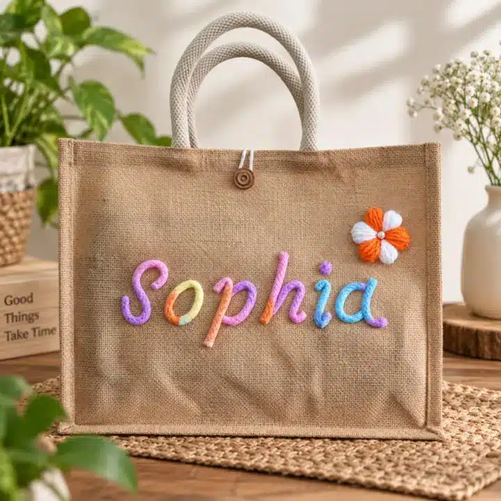 Personalized Jute Tote Bag | Custom Embroidered Name, Quote | Eco-Friendly Bag